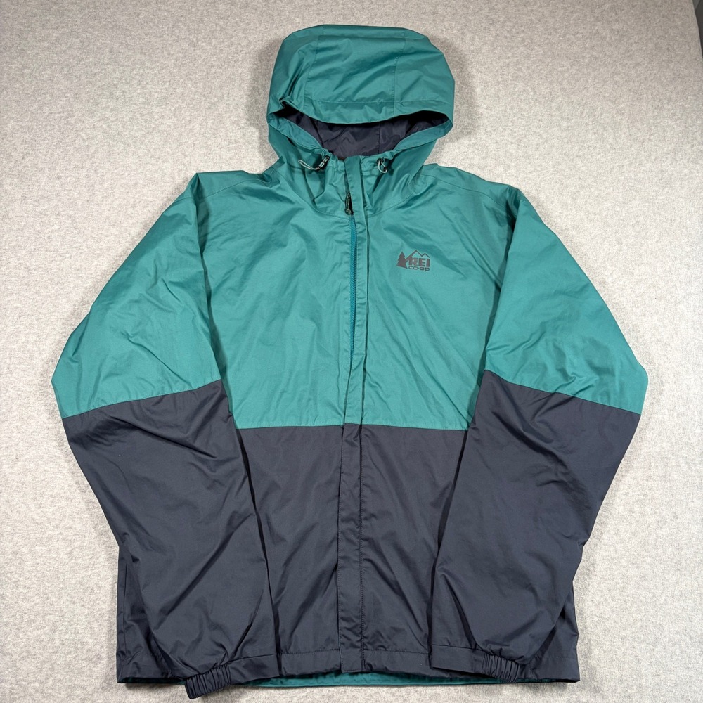 REI Co-op Trailmade Rain Jacket Mens Medium Green Blue Hooded Full Zip 217400